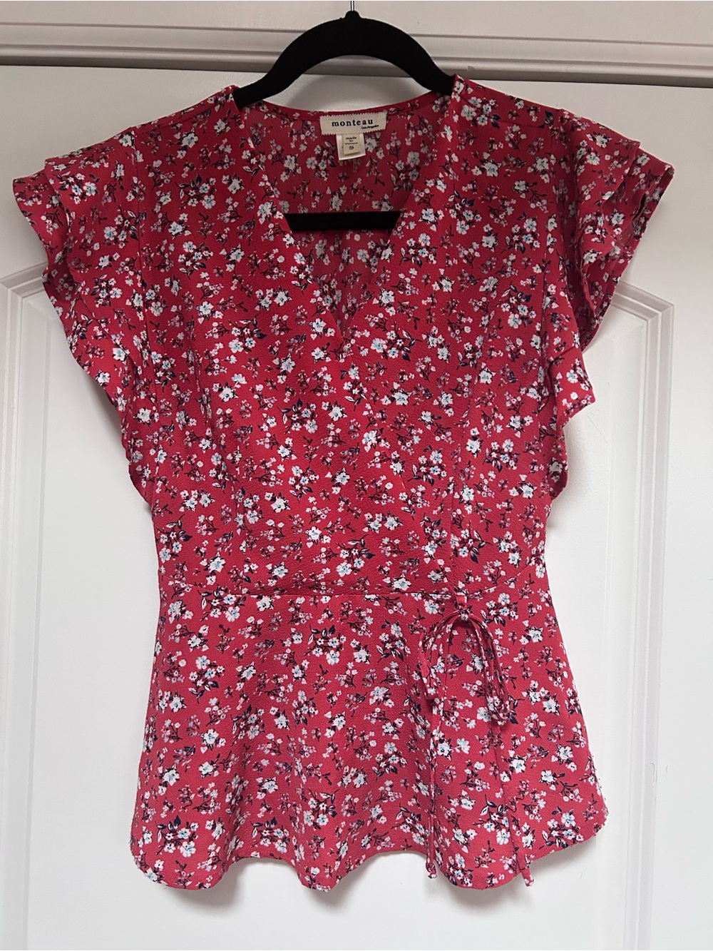 Monteau Women’s Sz S Floral Wrap Blouse V-Neck Flutter Short Sleeve Tie Waist